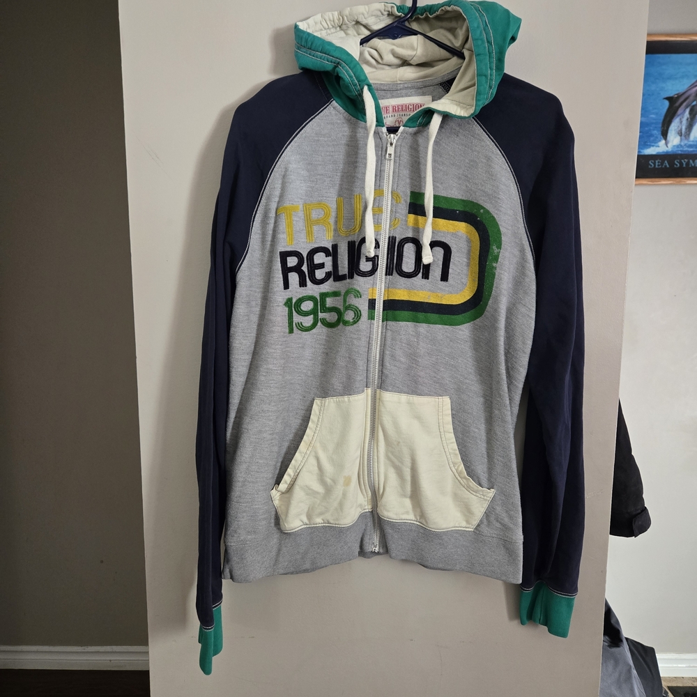 True Religion Gray Zip-Up Hoodie with Navy Sleeves and Green Trim XL